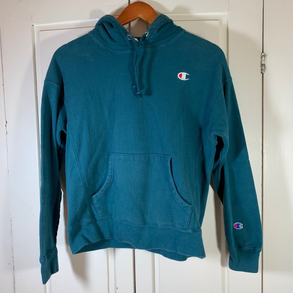Champion Reverse Weave Hoodie Teal Blue Green Medium (Sm) Sweatshirt Logo Patch
